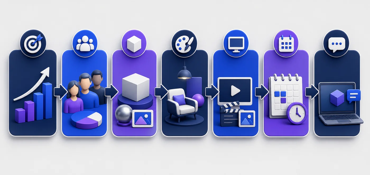 Visual workflow for a 3D animation brief covering goals, audience, assets, style, deliverables, timeline, and feedback
