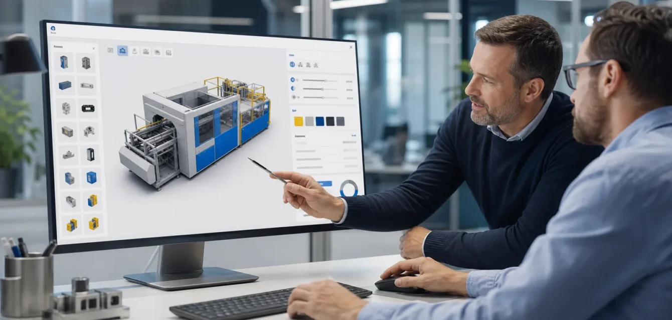 B2B sales engineers using a 3D product configurator to calculate product options and ROI