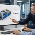 B2B sales engineers using a 3D product configurator to calculate product options and ROI