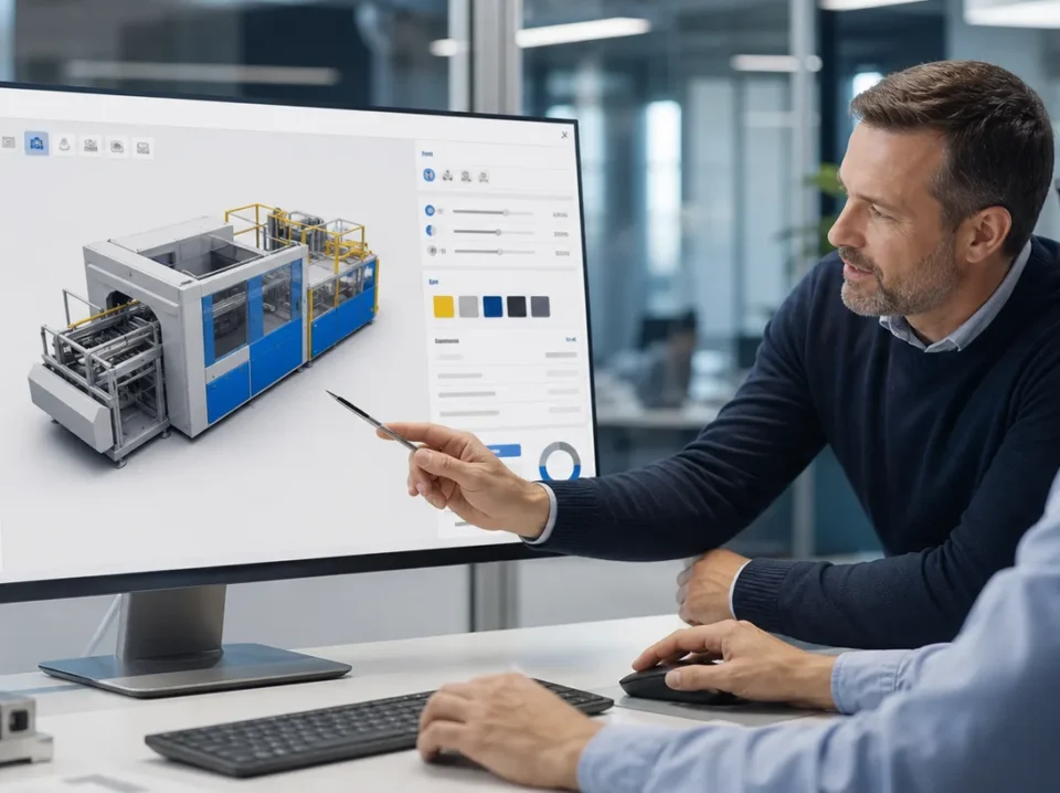 B2B sales engineers using a 3D product configurator to calculate product options and ROI