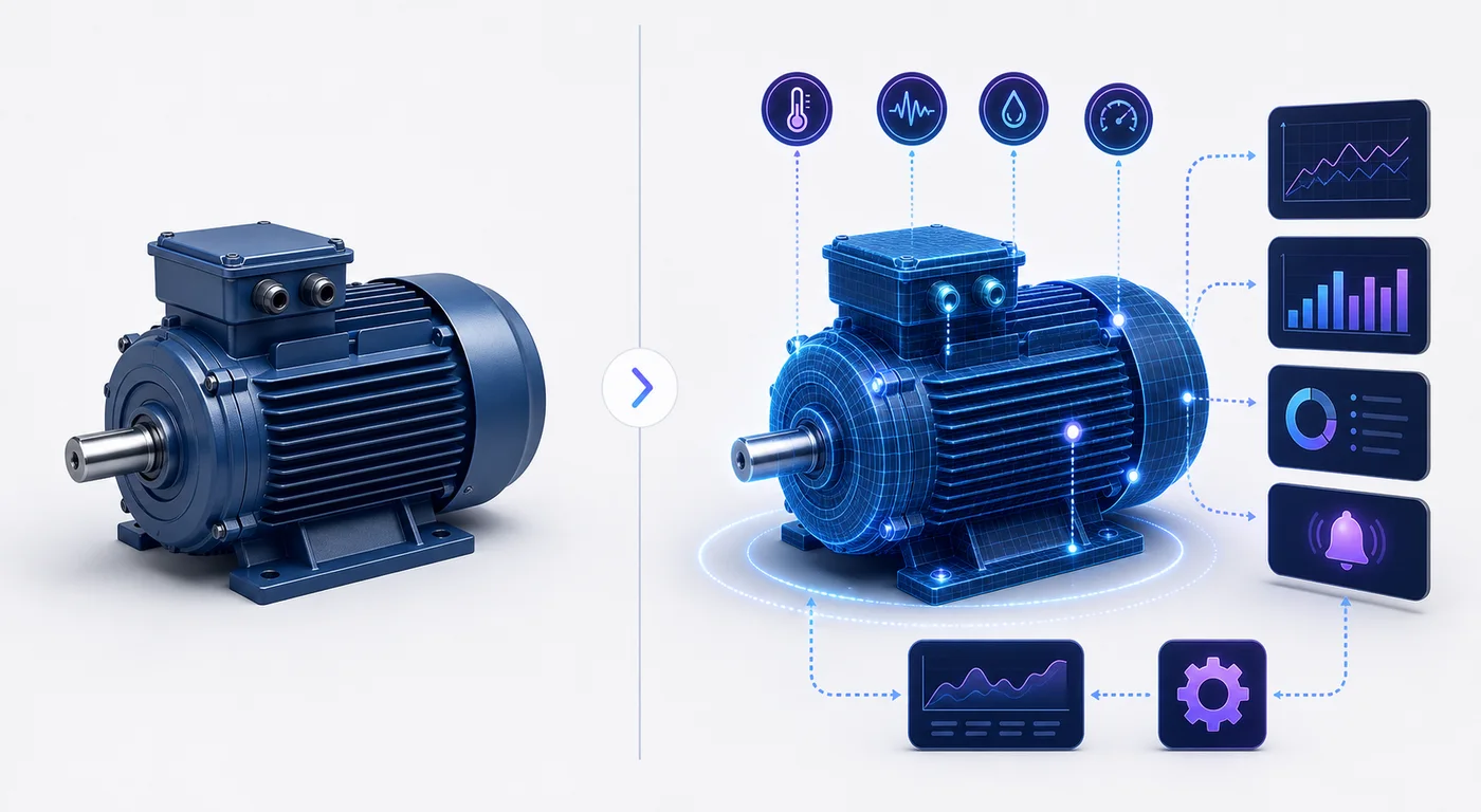 Visual comparison of a static 3D model and a connected digital twin with sensors and analytics
