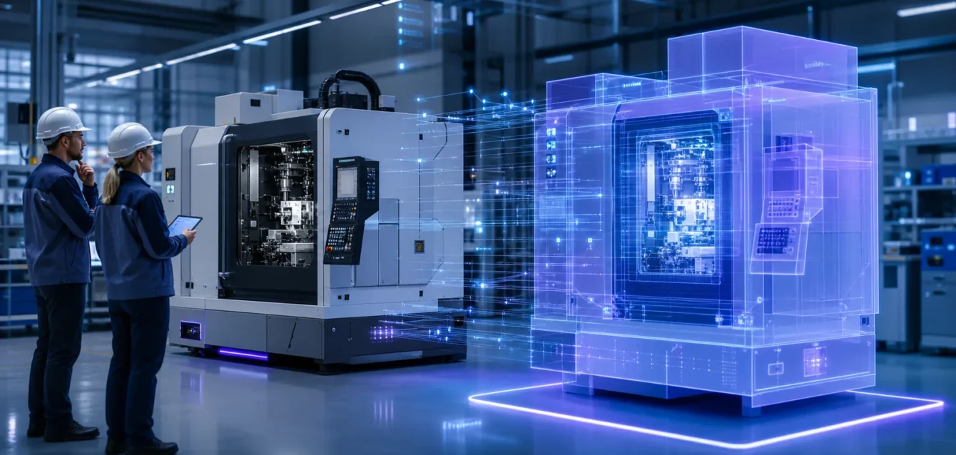 Industrial machine connected to its real-time digital twin in a smart factory