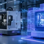 Industrial machine connected to its real-time digital twin in a smart factory