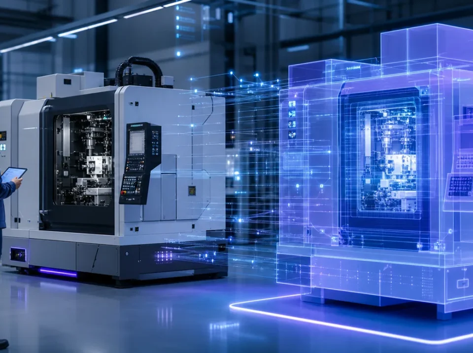 Industrial machine connected to its real-time digital twin in a smart factory