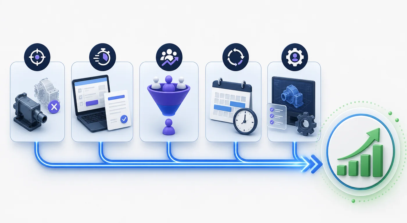 Product configurator ROI benefits including fewer errors, faster quotes, better conversion, shorter sales cycles, and reduced engineering workload