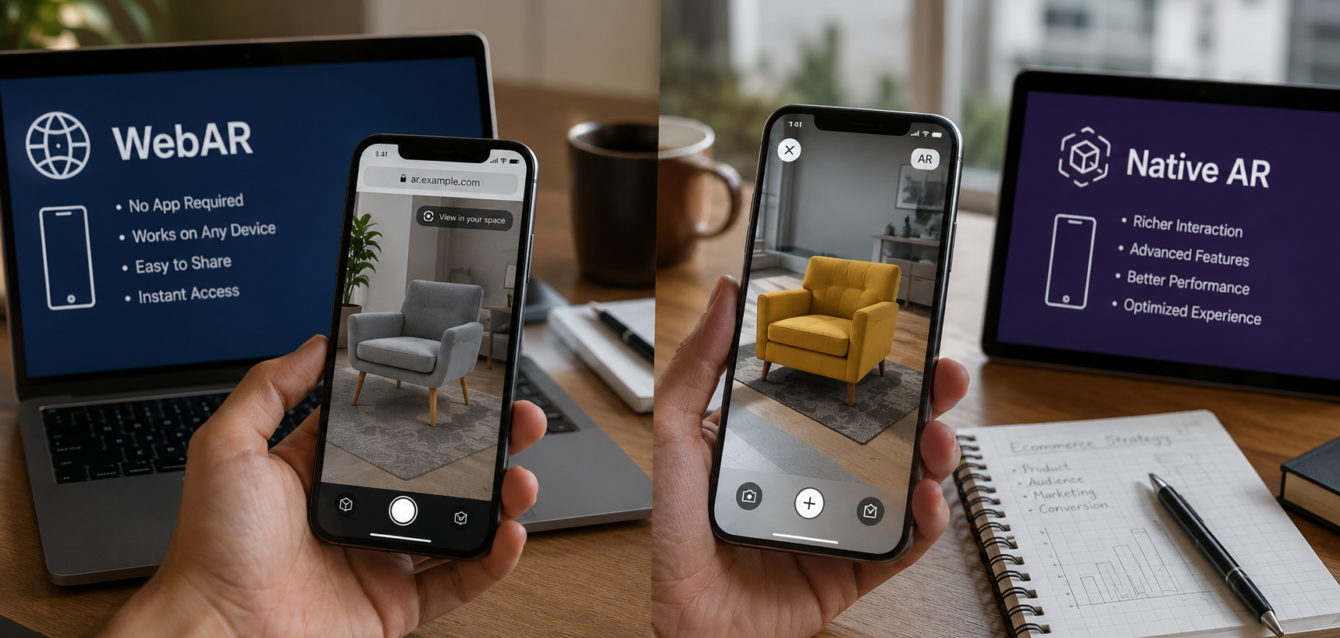 Compare WebAR and Native AR for ecommerce brands in 2026. Explore features, performance, costs, and user experience to choose the right AR platform.