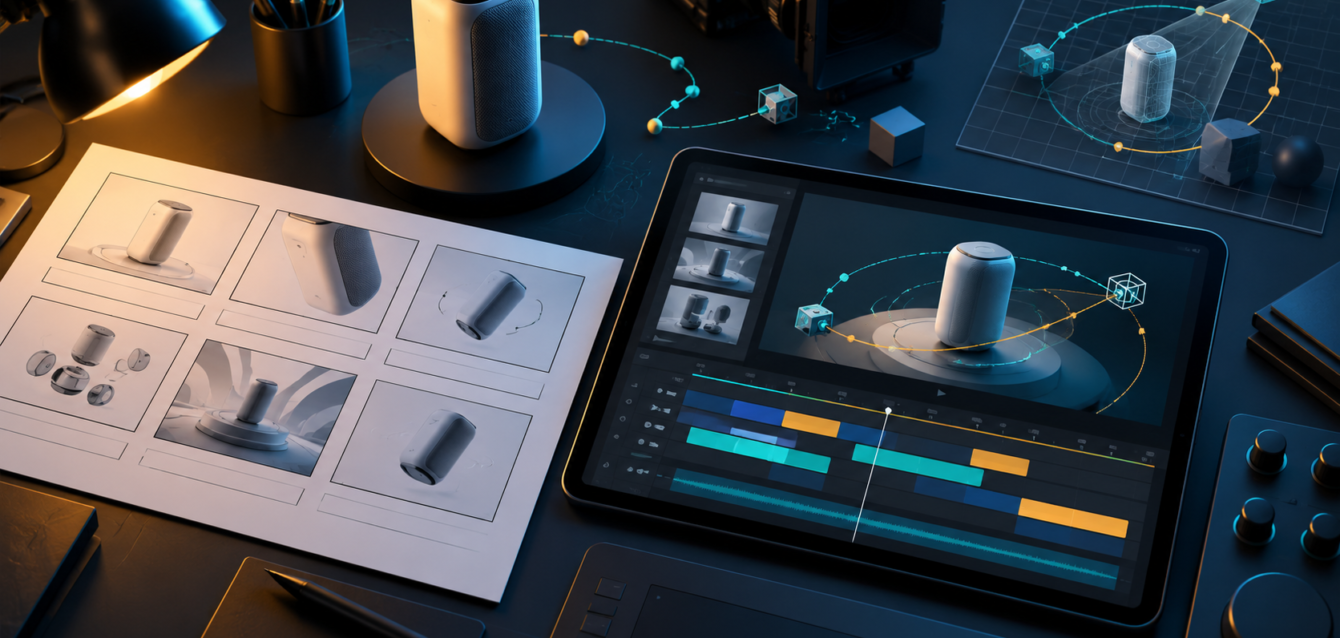 Product animation storyboard and timeline workspace with 3D model planning visuals