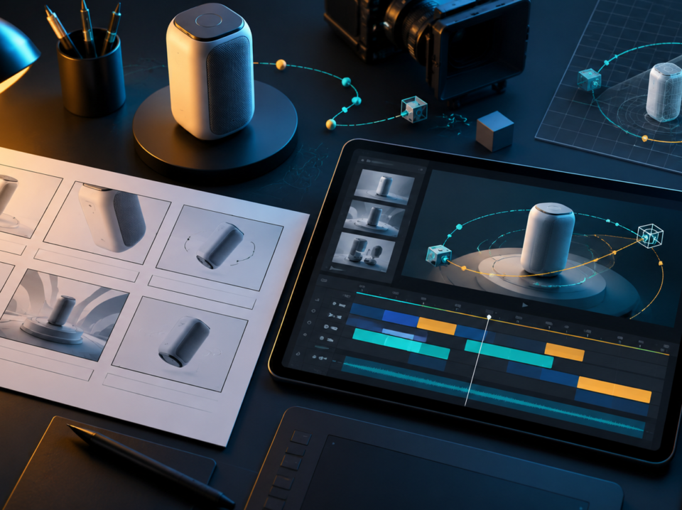 youtube-product-animation-brief-featured Product animation storyboard and timeline workspace with 3D model planning visuals
