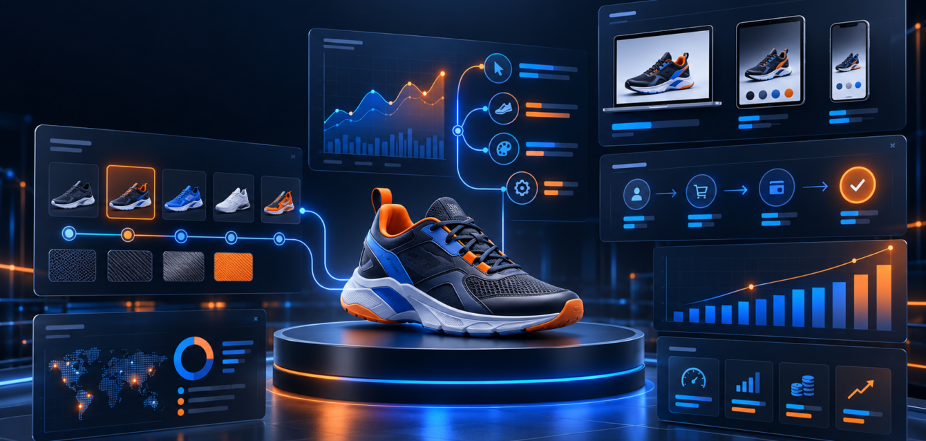 3D product configurator analytics dashboard with option tracking and ROI charts