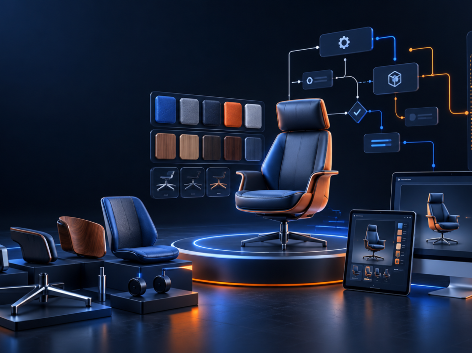 Enterprise 3D product configurator interface with product options and integration workflow