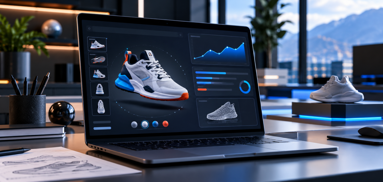 Interactive 3D product page performance dashboard on a laptop with WebGL product viewer