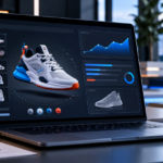 Interactive 3D product page performance dashboard on a laptop with WebGL product viewer