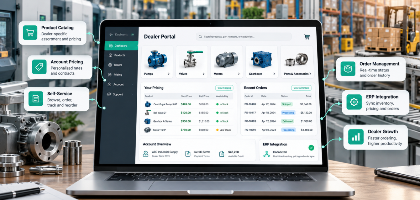 B2B dealer portal dashboard for manufacturing pricing, orders, and ERP integration