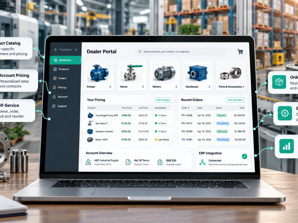 B2B dealer portal dashboard for manufacturing pricing, orders, and ERP integration