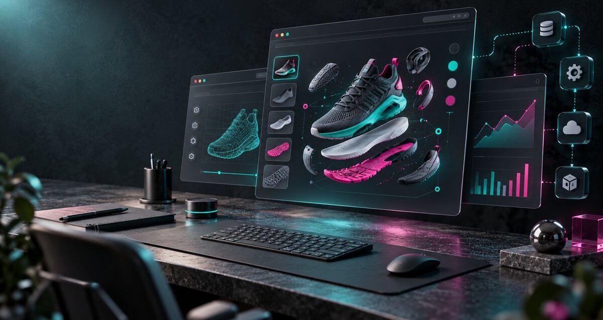 Interactive product page with WebGL viewer, 3D product model, analytics panels, and integration nodes