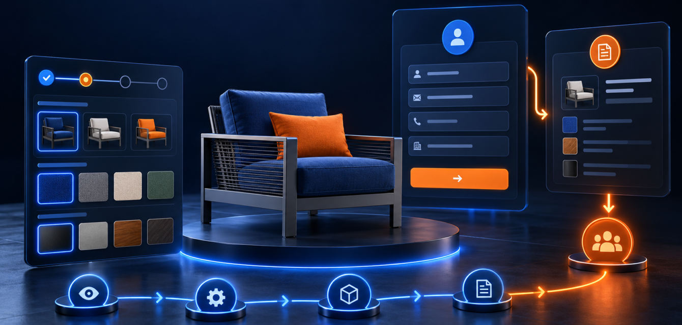 Sofa displayed in a 3D product configurator with customization options and a request button