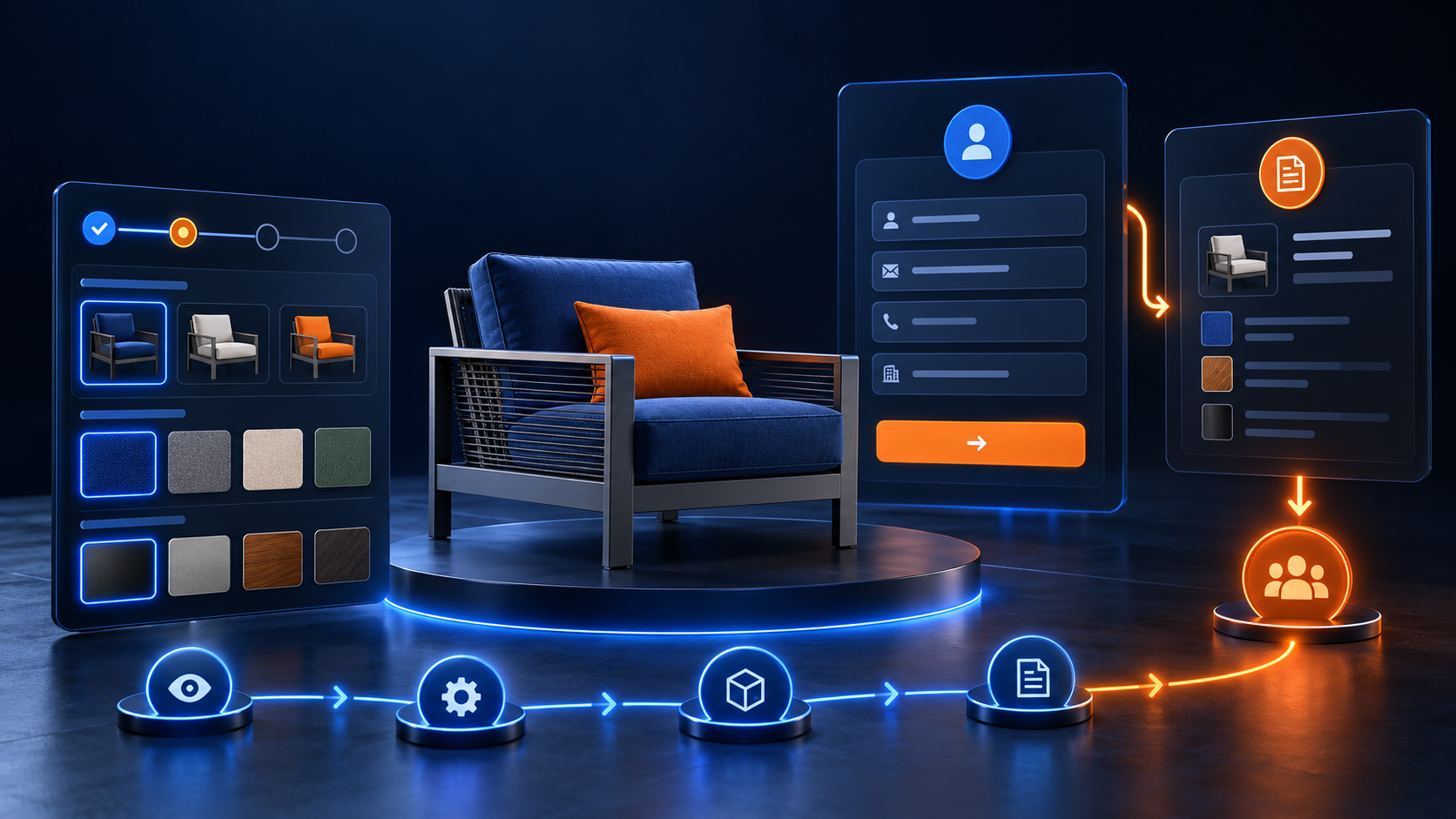Sofa displayed in a 3D product configurator with customization options