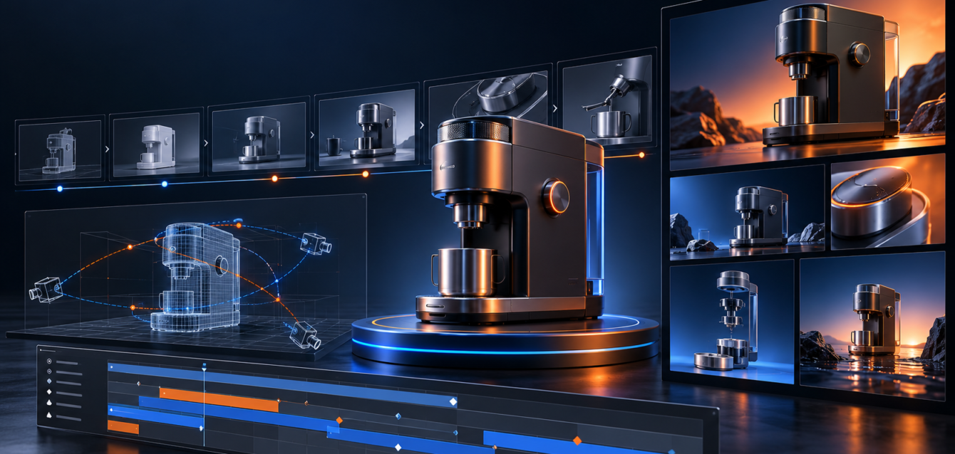 Product launch animation workflow with 3D product storyboard frames and campaign assets