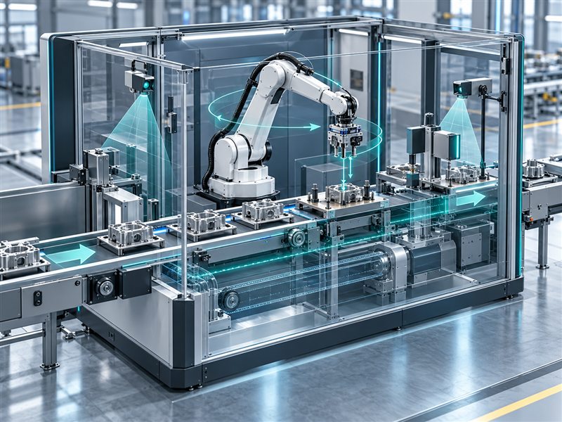 Industrial robotic production cell showing sensors, conveyor motion, and technical animation workflow