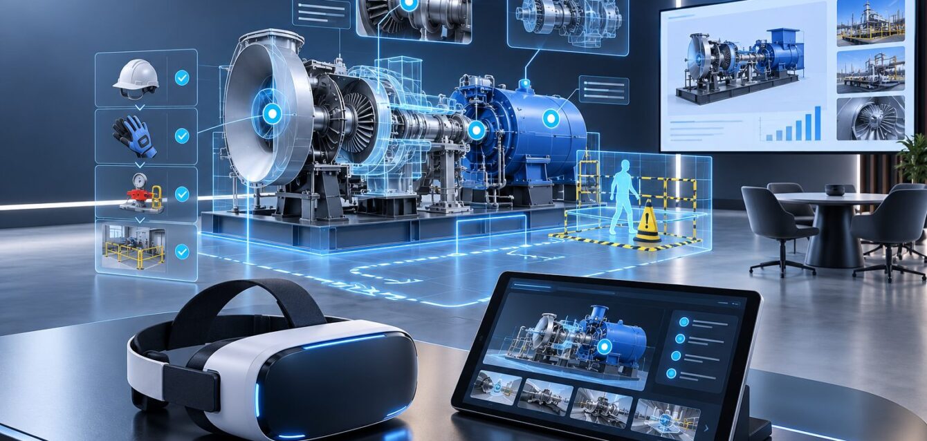 VR headset with immersive industrial product training and sales demo environment