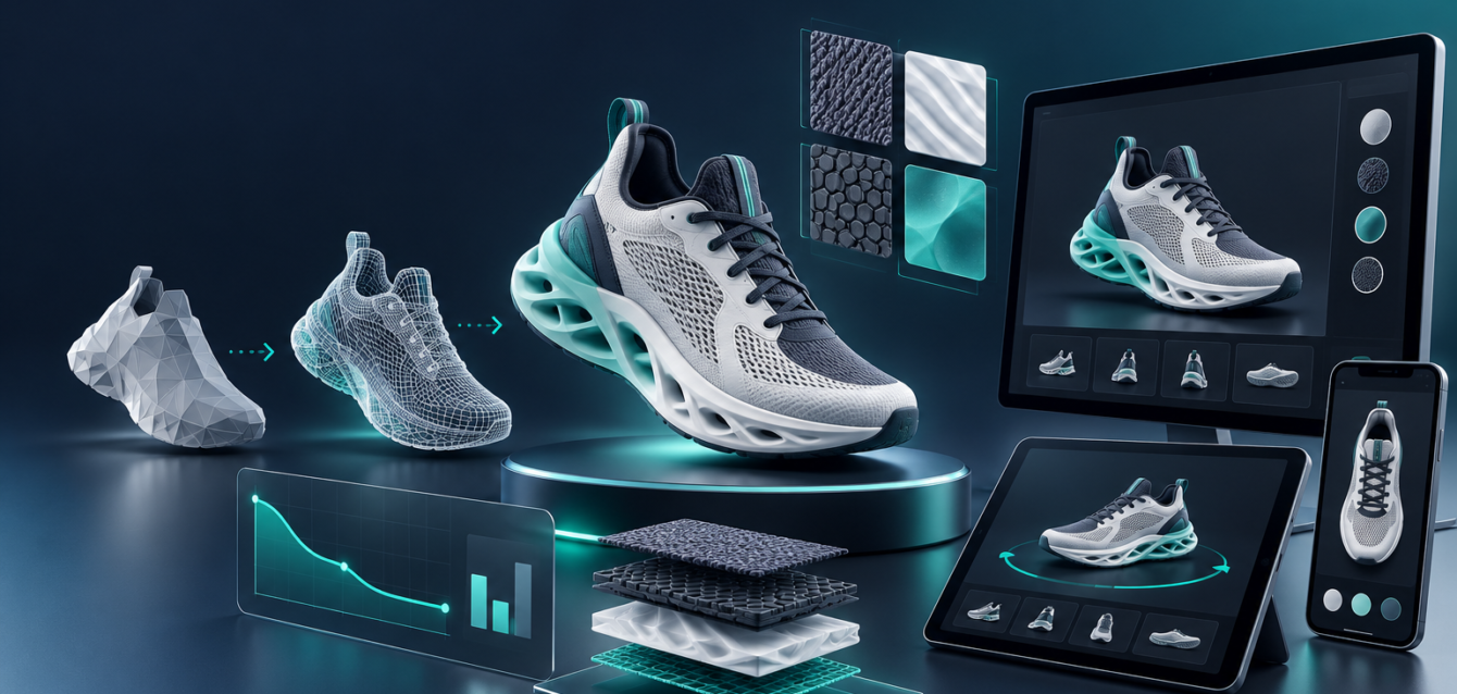 Optimized 3D product model and WebGL commerce screens showing fast asset delivery