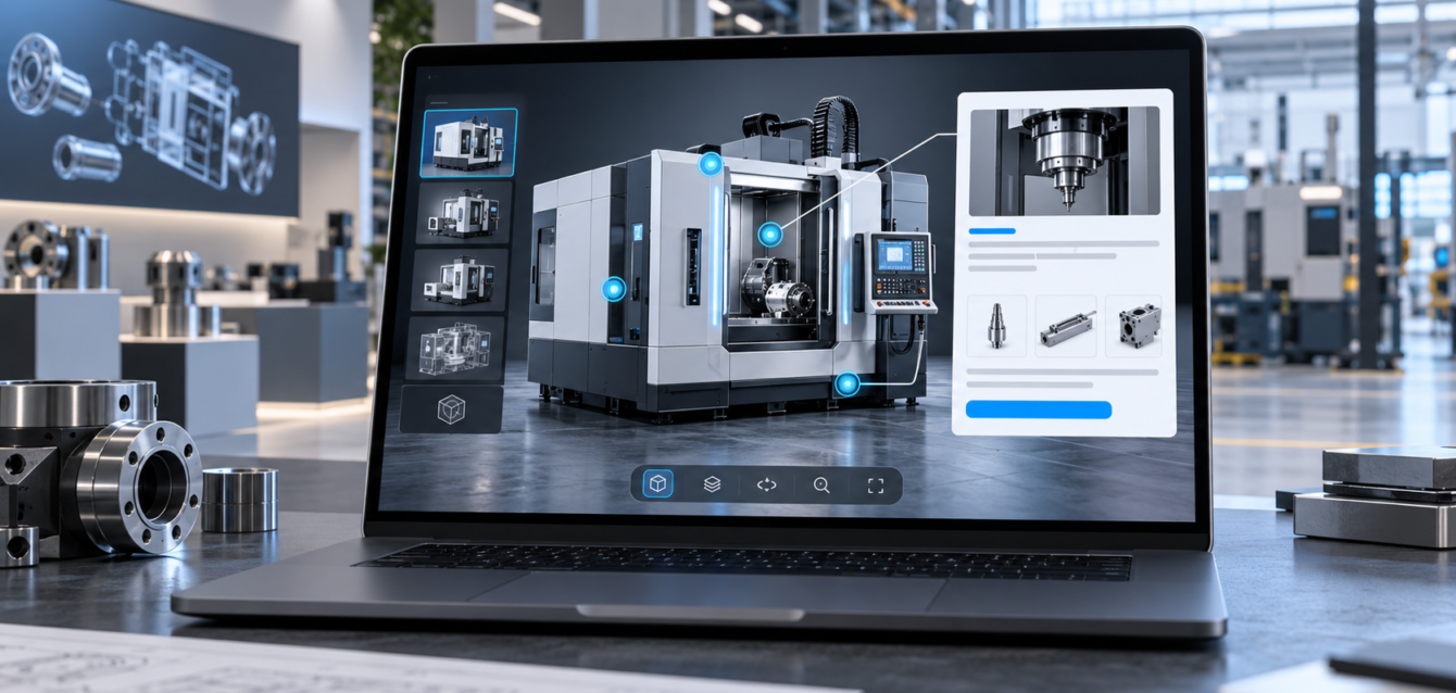 Interactive WebGL product demo displayed on a laptop in a modern manufacturing showroom