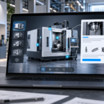 Interactive WebGL product demo displayed on a laptop in a modern manufacturing showroom