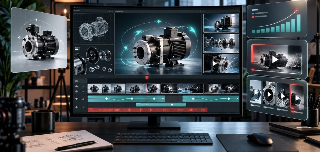 youtube-product-animation-ads-featured Product animation of an industrial component displayed on a video editing screen